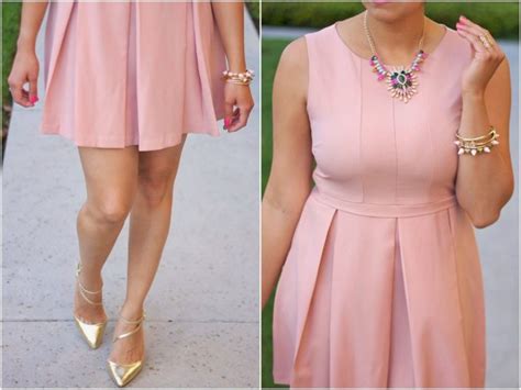 pink dress with silver heels.